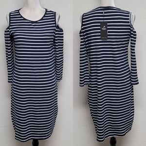 Julia Navy Blue White Striped Cold Shoulder Long Sleeve Stretchy Midi Dress XL
